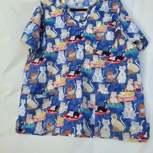 Peaches Uniforms, Scrubs , size and material unreadable, medium Blue ,cats